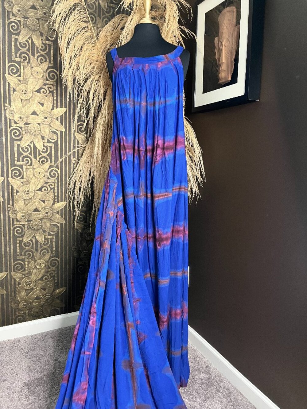 bohemian-tie-dye train vibr blue purple pattern fabric maxi dress - Picture 3 of 5
